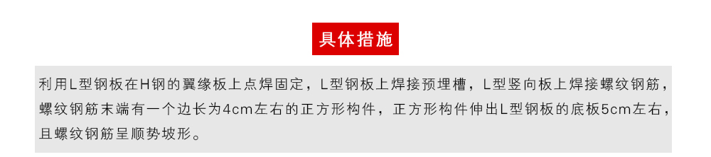 具體措施為：利用L型鋼板在H鋼的翼緣板上點(diǎn)焊固定，L型鋼板上焊接預(yù)埋槽，L型豎向板上焊接螺紋鋼筋，螺紋鋼筋末端有一個(gè)邊長(zhǎng)為4cm左右的正方形構(gòu)件，正方形構(gòu)件伸出L型鋼板的底板5cm左右，且螺紋鋼筋呈順勢(shì)坡形。